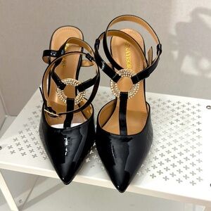 SEKAYISORE Women Black Point-Toe Ankle Strap Buckle Patent Leather 4 Inch Heels
